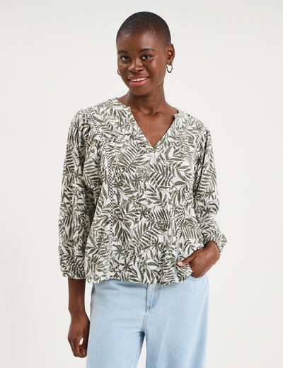 Blouse ajour&eacute;e manches 3/4 col en V ecru femme