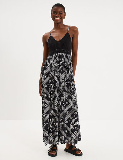 Robe longue buste effet crochet noir femme