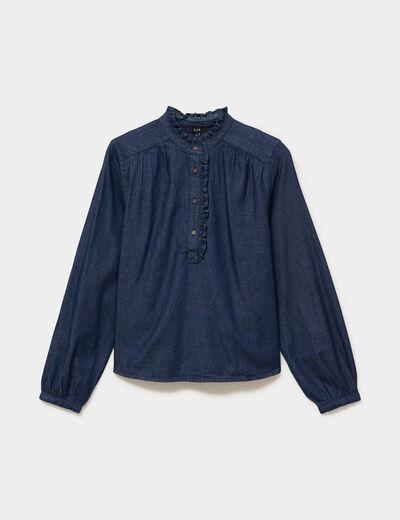 Blouse en jean col montant &agrave; volants denim brut femme