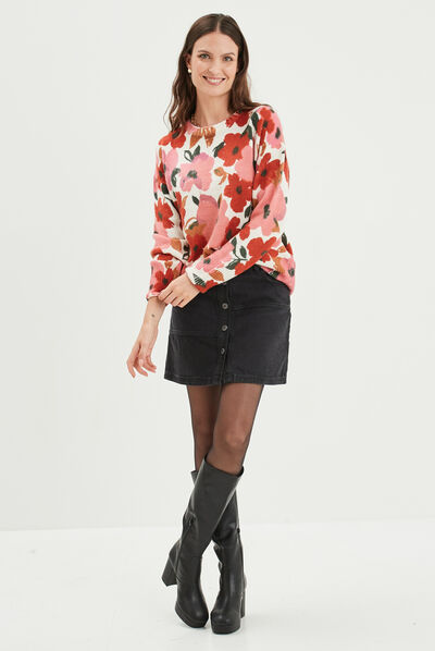Pull col rond manches longues multicolore femme