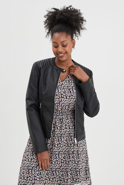 Veste biker simili cuir zippée noir femme