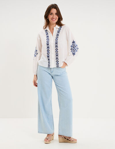 Blouse brod&eacute;e manches longues coton ecru femme