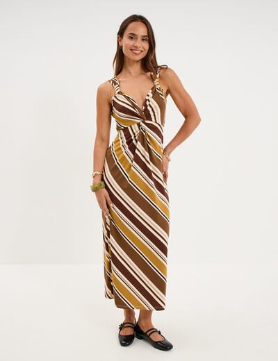Robe longue &eacute;paules d&eacute;tails bijoux vert kaki femme