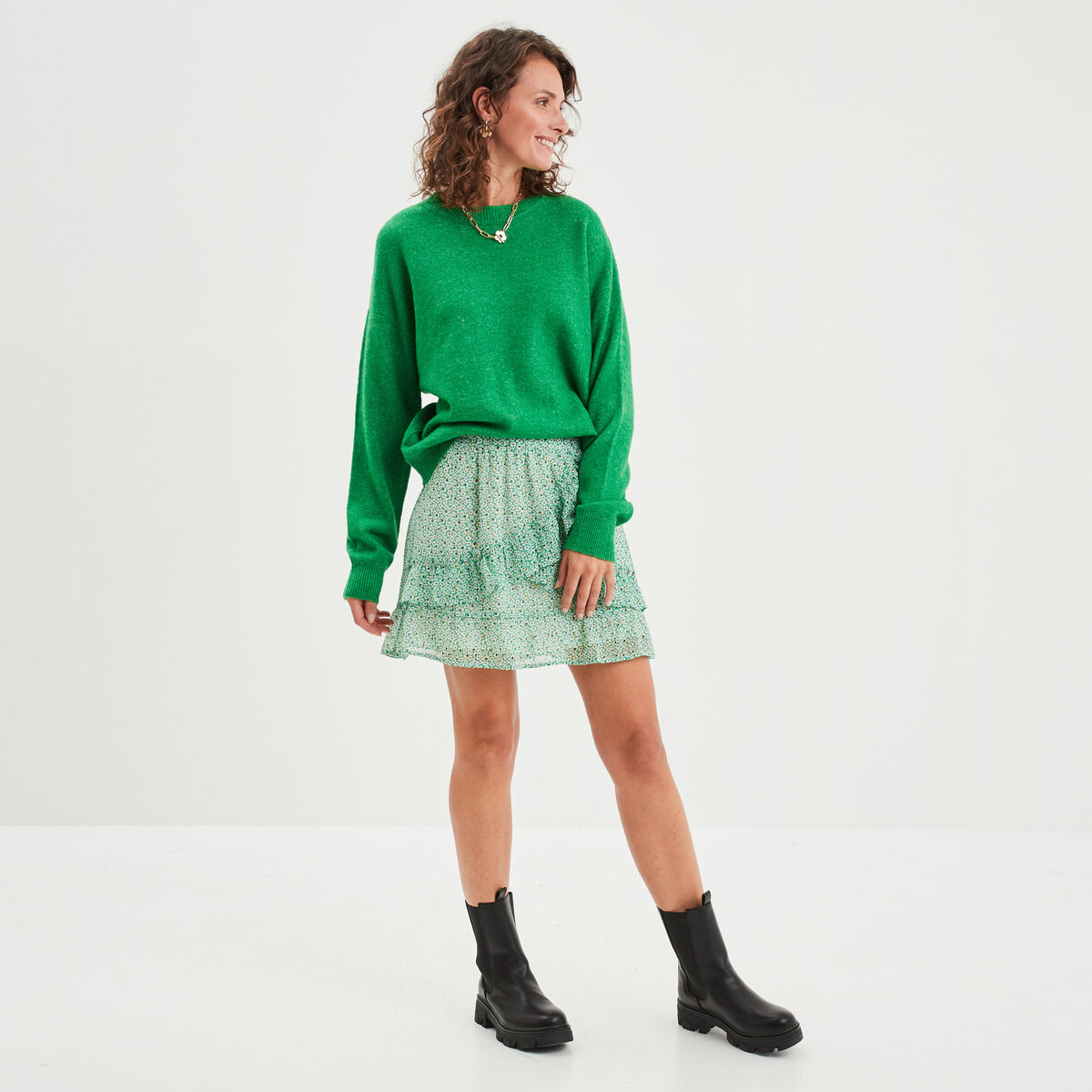 Jupe courte patineuse à volants vert femme