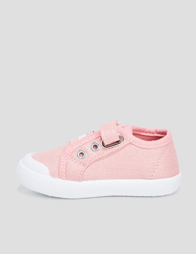 Tennis toile &agrave; scratchs semelle souple rose b&eacute;b&eacute; fille
