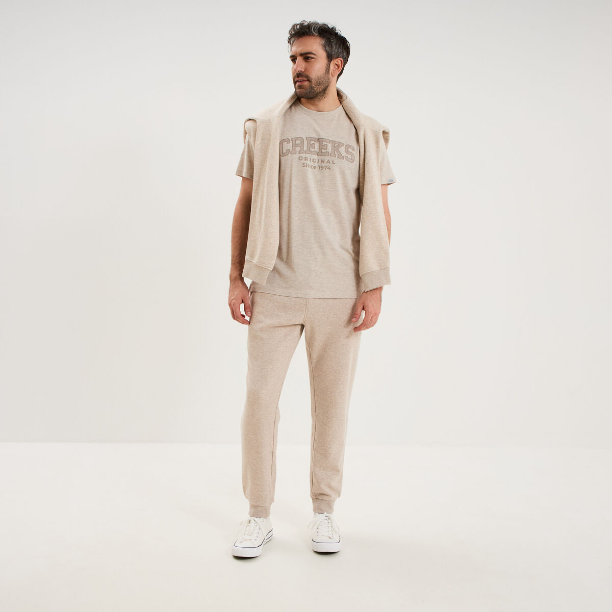 Pantalon jogging droit molleton beige homme