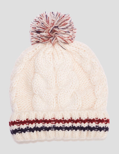 Bonnet tricoté avec pompon et torsades sable garçon