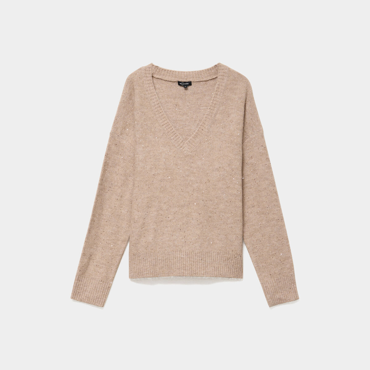 Pull droit &agrave; sequins et col en V beige femme