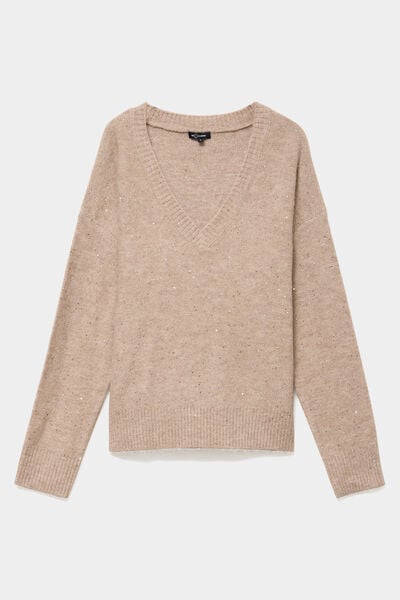 Pull droit &agrave; sequins et col en V beige femme