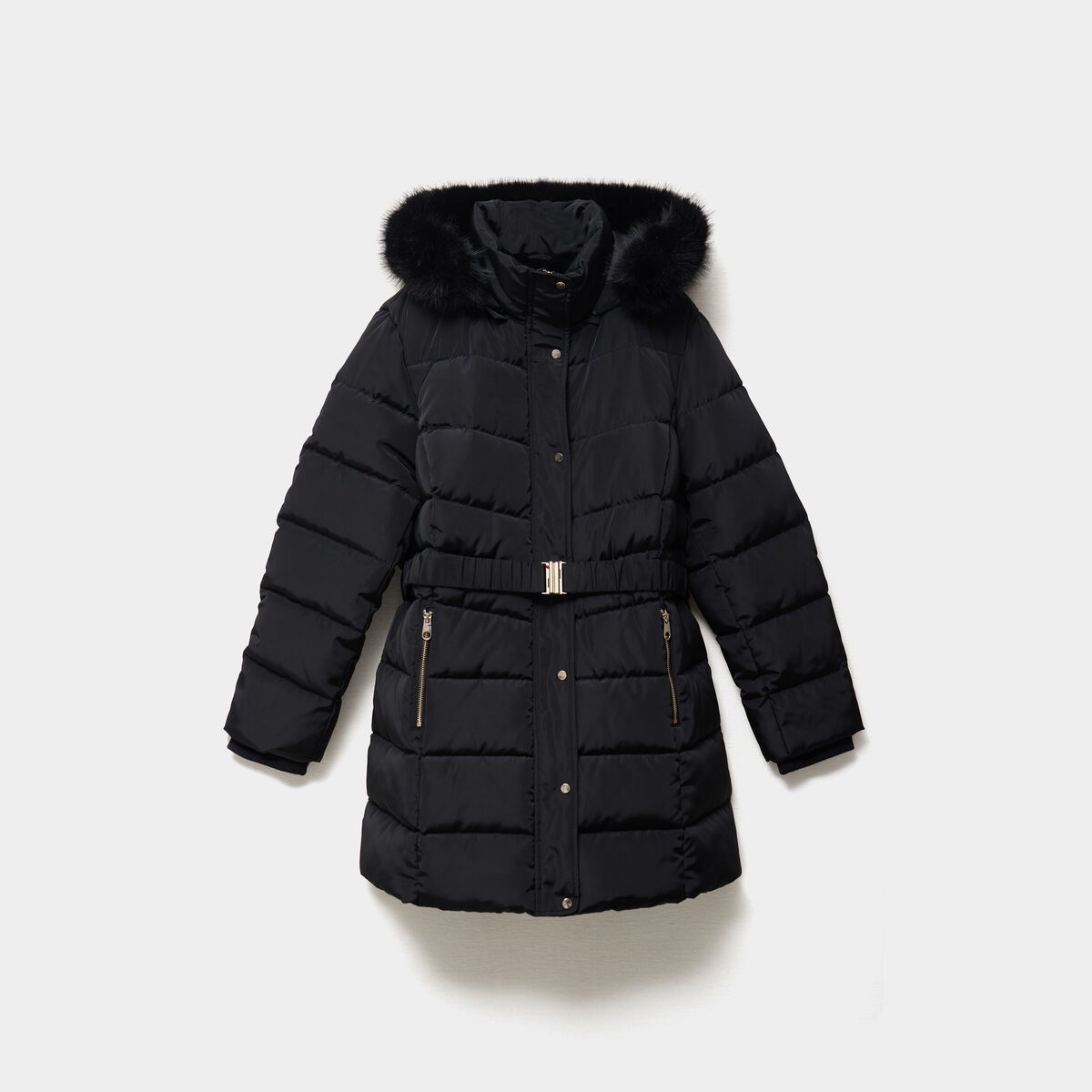 Doudoune mi-longue ceintur&eacute;e &agrave; capuche noir femme grande taille