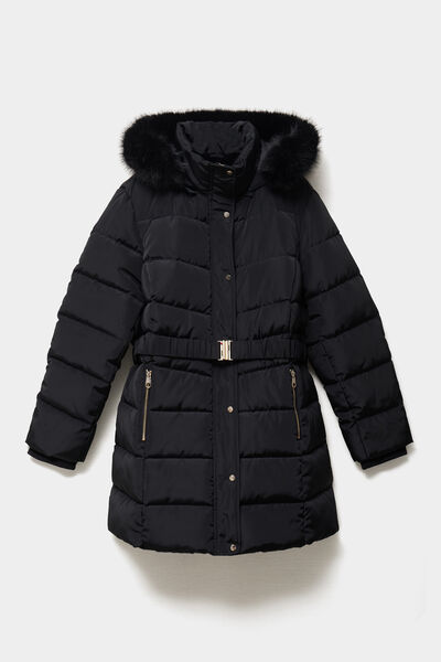 Doudoune mi-longue ceintur&eacute;e &agrave; capuche noir femme grande taille