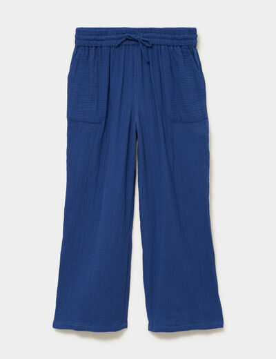 Pantalon fluide &eacute;lastiqu&eacute; gaze de coton bleu marine femme