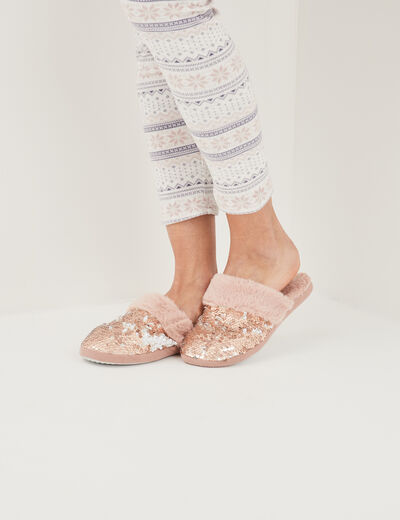 Chaussons mules sequins et fourrure jaune or femme
