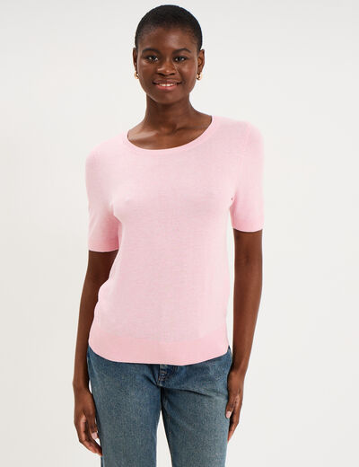 Pull manches courtes col rond rose clair femme