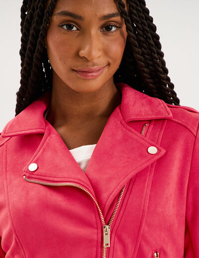 Veste biker effet su&eacute;dine rouge femme