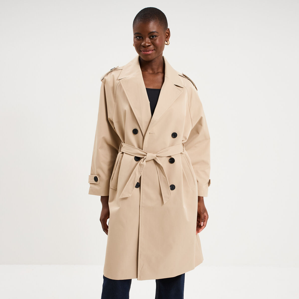 Trench long ceintur&eacute; beige femme