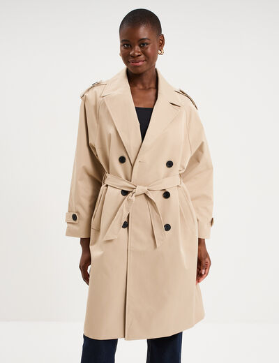 Trench long ceintur&eacute; beige femme