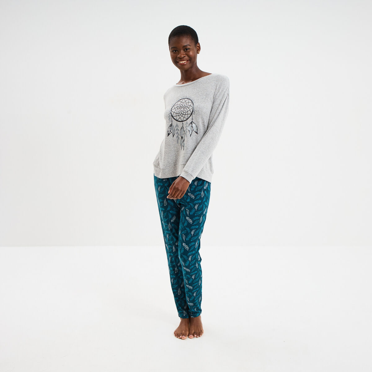 Ensemble pyjama legging et t-shirt gris clair femme