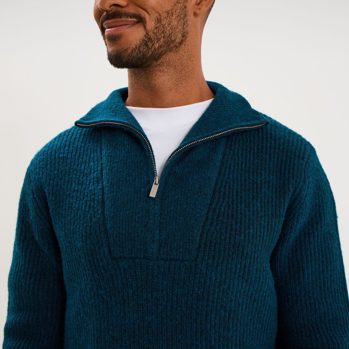 Pull avec col camionneur c&ocirc;tel&eacute; bleu canard homme