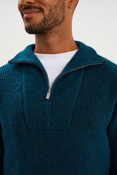 Pull avec col camionneur c&ocirc;tel&eacute; bleu canard homme