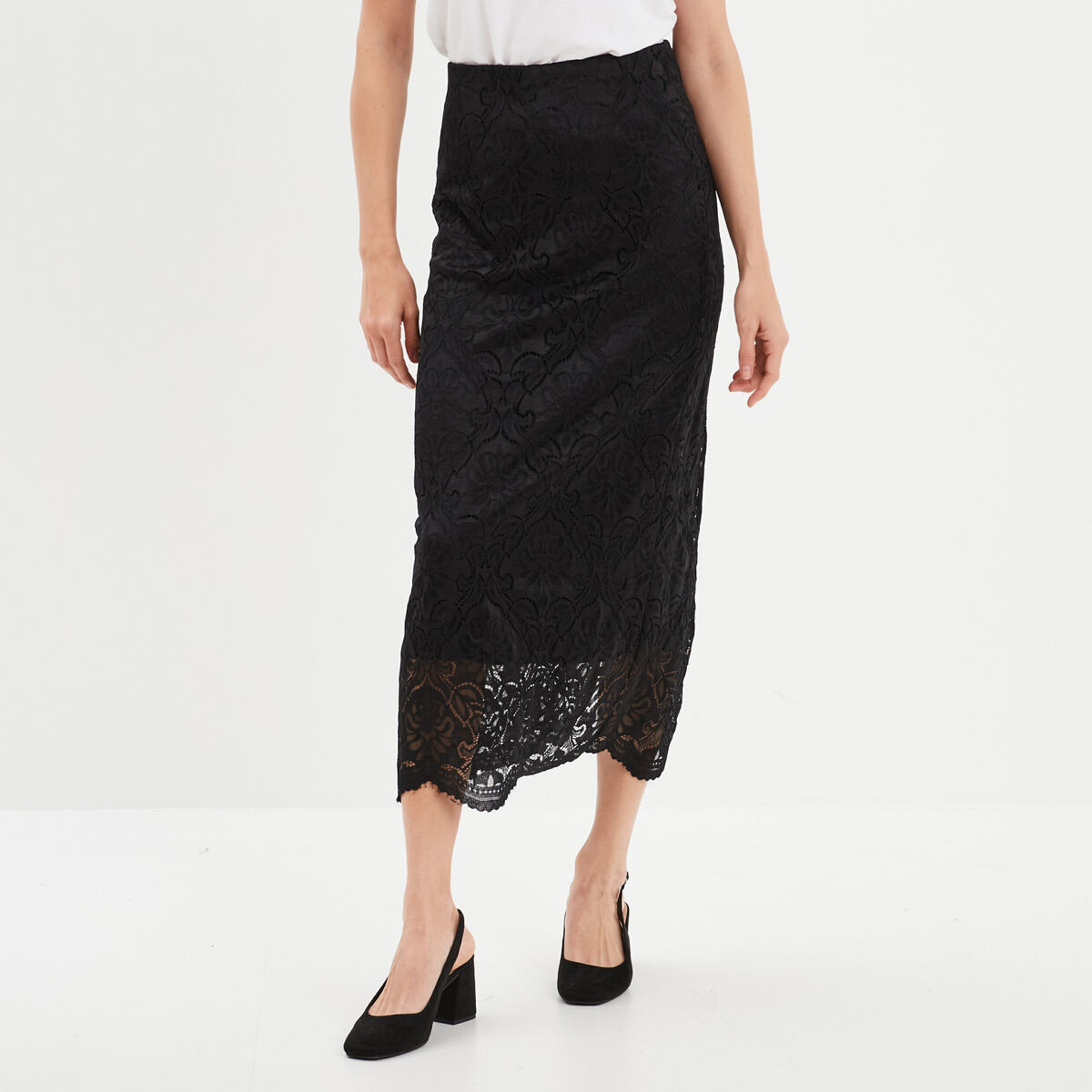 Jupe midi dentelle noir femme