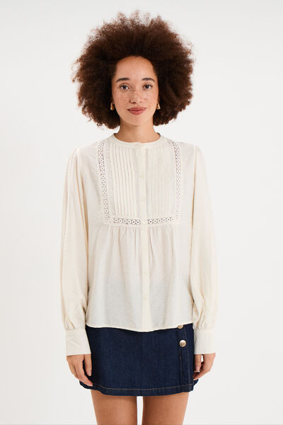 Blouse manches longues galons et fronces ecru femme