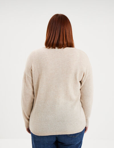 Pull col en V manches longues beige femme grande taille