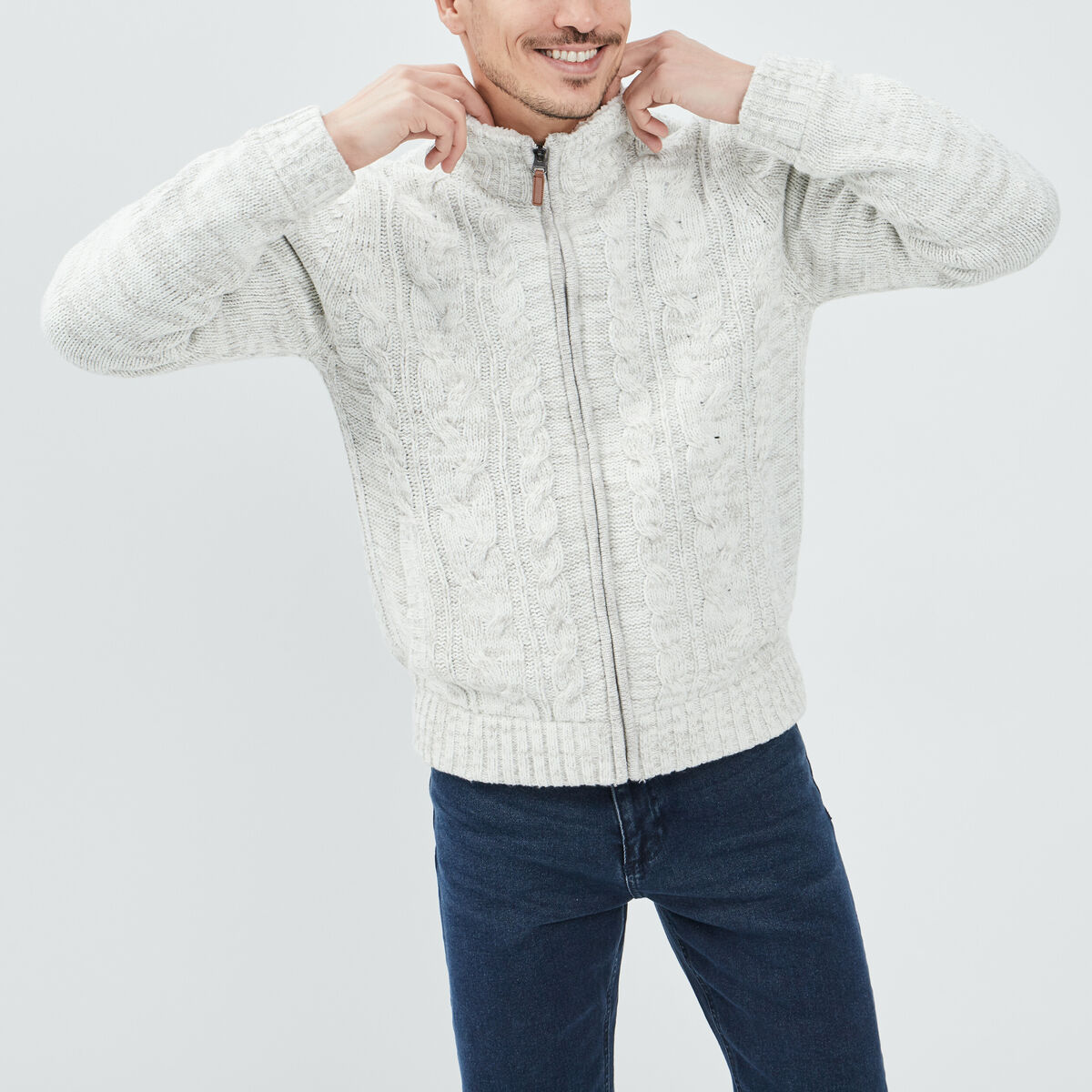 Gilet zippé avec torsades ivoire homme
