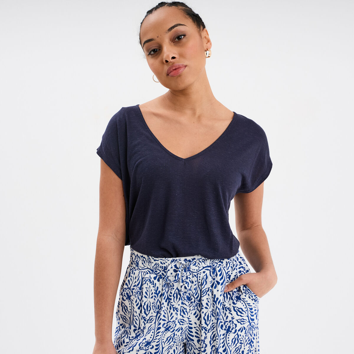 T-shirt manches courtes lin mélangé bleu foncé femme
