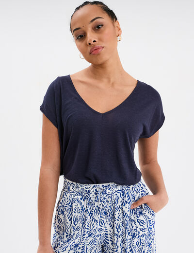 T-shirt manches courtes lin mélangé bleu foncé femme