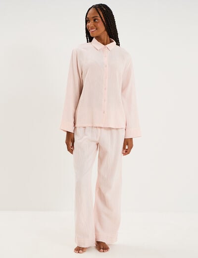 Ensemble pyjama chemise pantalon coton rose clair femme