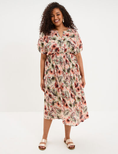 Robe longue col tunisien taille smock&eacute;e beige femme grande taille