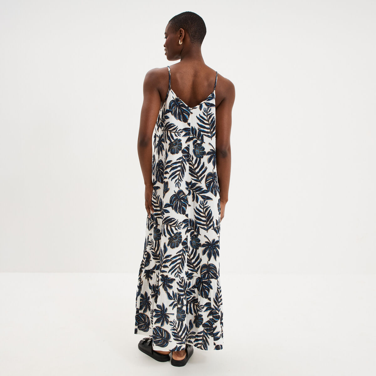 Robe longue &agrave; bretelles &eacute;vas&eacute;e coton ecru femme