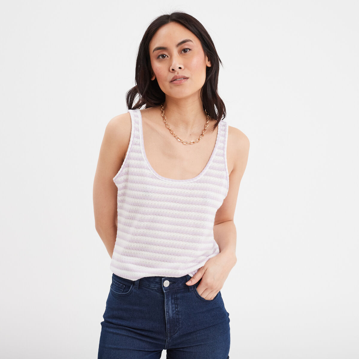 D&eacute;bardeur col rond en maille violet clair femme