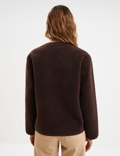 Veste effet polaire boutonn&eacute;e col rond marron fonc&eacute; femme