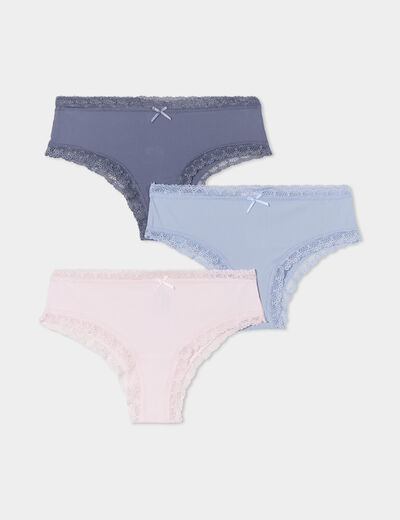 Lot 3 shortys côtelés à dentelle bleu clair femme