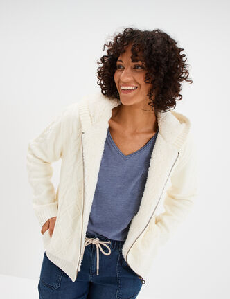 Sweat zippé doublure effet sherpa ecru femme