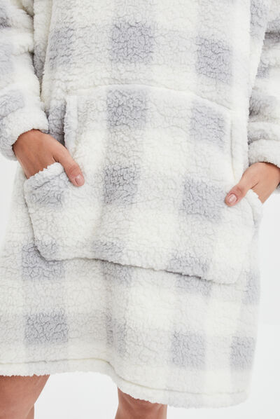 Poncho plaid long pilou ecru femme