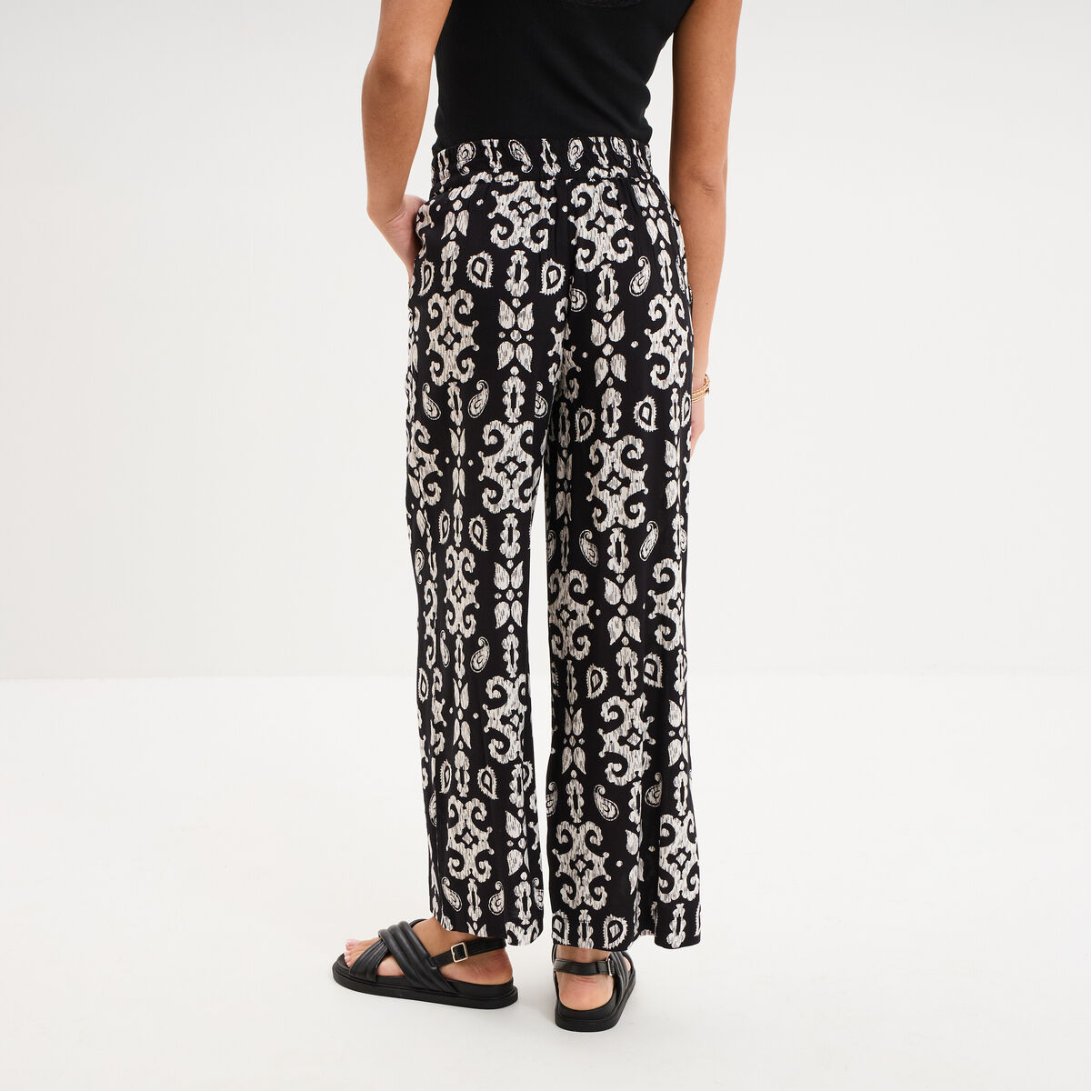 Pantalon fluide large taille &eacute;lastiqu&eacute;e noir femme