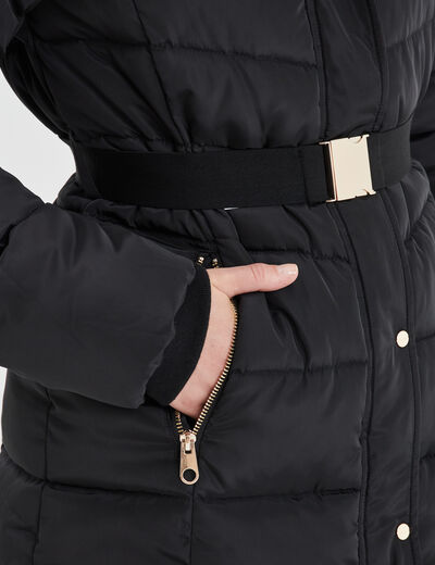 Doudoune ceinturée mi-longue à capuche noir femme
