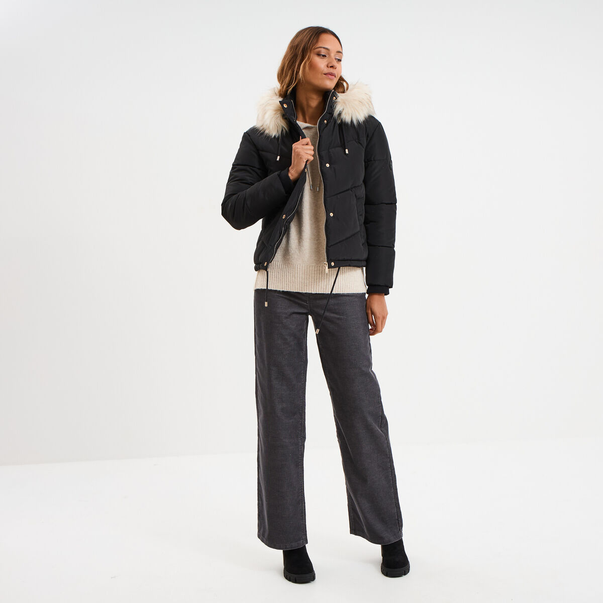 Doudoune doubl&eacute;e capuche fausse fourrure noir femme