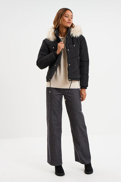 Doudoune doubl&eacute;e capuche fausse fourrure noir femme