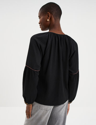 Blouse droite col tunisien avec pompons noir femme