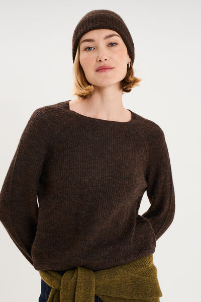 Pull col rond manches longues marron fonc&eacute; femme