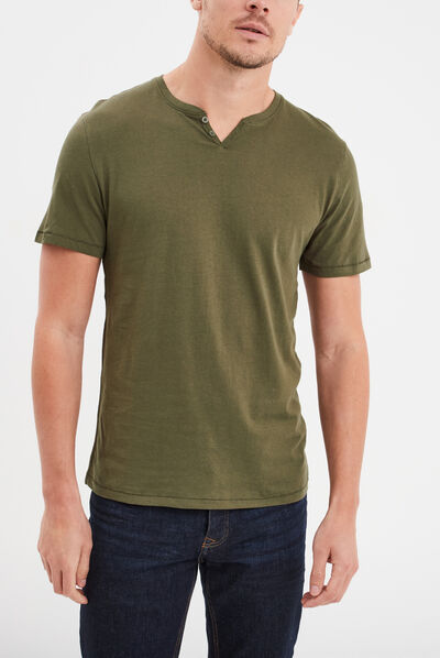 T-shirt manches courtes col tunisien vert kaki homme