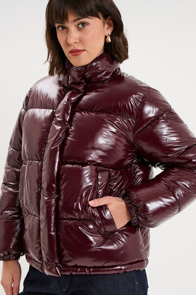 Doudoune courte oversize col montant violet fonc&eacute; femme