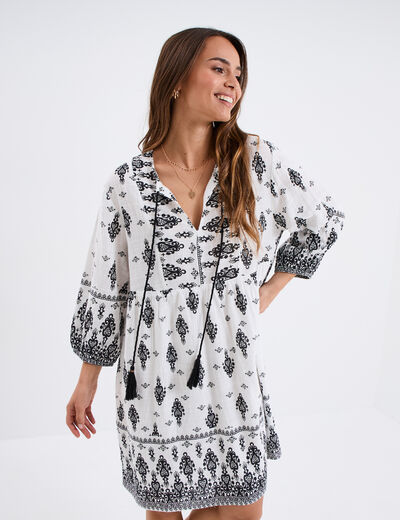 Robe trapèze col tunisien avec noeud ecru femme