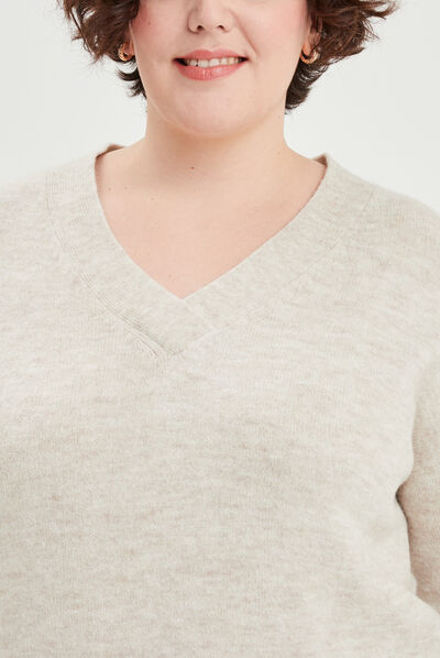 Pull col en V manches longues ecru femme grande taille