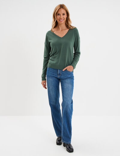 Pull col en V manches longues vert femme