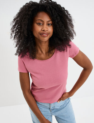 T-shirt coton col rond manches courtes vieux rose femme